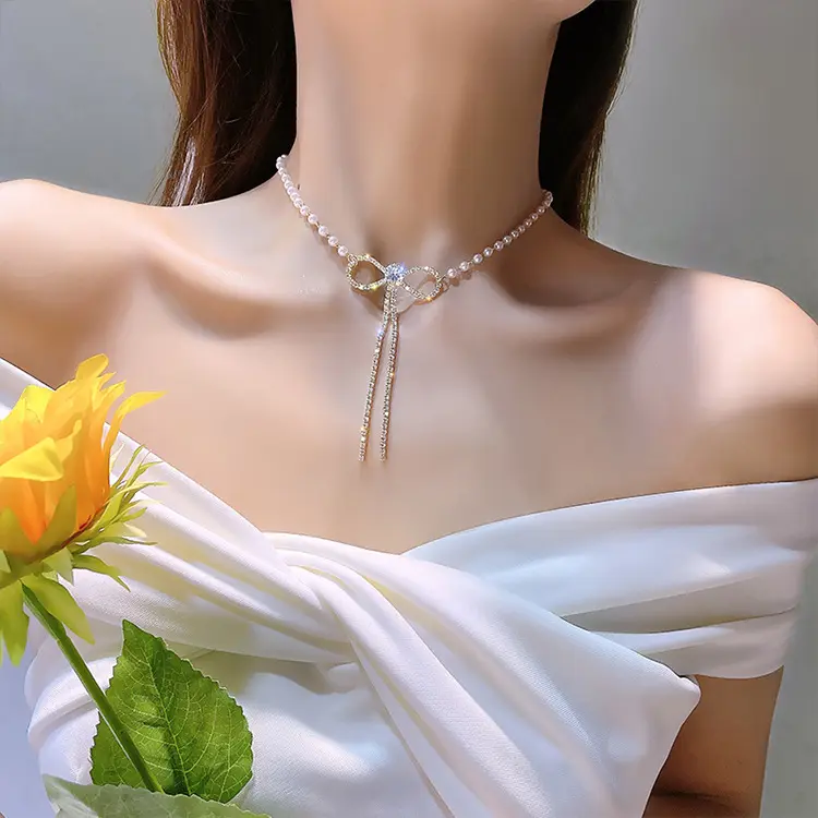 Collier avec pendentif perle nœud Collier ras du cou cristal strass perle noeud