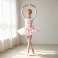 Vestido de Ballet Rosa y Blanco de Manga Larga con Tres Lazos y Cuello Cuadrado para Niñas, Traje de Leotardo para Clases de Ballet, Entrenamiento, Recital y Actuaciones