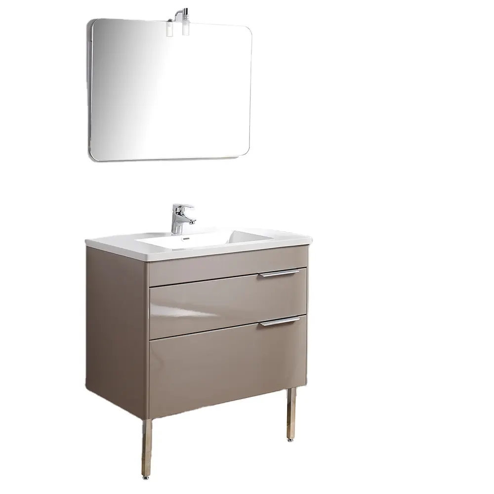 Meuble de salle de bain avec vanité moderne Meuble sur mesure avec évier Poignée en métal et pied rond Miroir argenté Armoires de cuisine