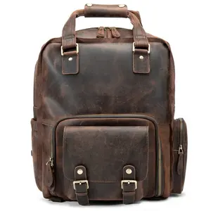 Multifunctional 17 Inches Laptop Backpack Vintage Crazy Horse Leather Camera Bag Backpack For SLR