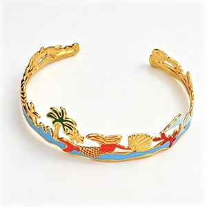 กำไลข้อมือแบบเปิดลายธีมมหาสมุทรเคลือบทอง 18K ประดับด้วยเคลือบสีรูปนางเงือก กันน้ำ ปรับขนาดได้ สำหรับผู้หญิง JAJGI - Product Image 1