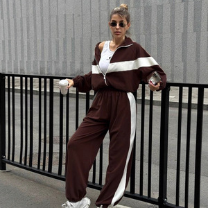 Brown Striped Women Tracksuit <b>Zip</b> <b>Up</b> Jogger Set Casual Sportswear Lounge Outfit - Product Image 5