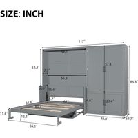 Lit mural moderne gris en métal, taille Queen, avec placard intégré et rangement pour armoire