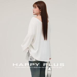 Happy Plus T-shirt imprimé à manches longues et épaules dénudées pour femme, haut en coton tricoté, grande taille, blanc N9183 - Product Image 4