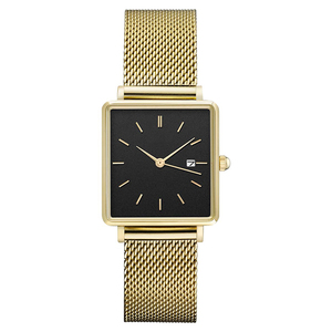 Relojes Bonill para mujer, caja de aleación dorada de forma cuadrada, banda de acero inoxidable, movimiento de cuarzo Seiko, esfera de cuero, puntero mostrado - Product Image 5