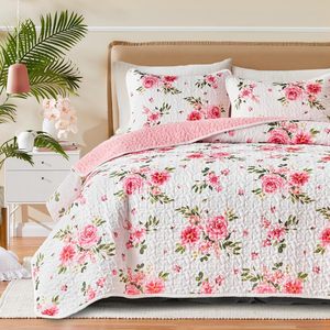 Ensemble de couette florale rose 3 pièces, taille Queen, <span class=keywords><strong>couvre</strong></span>-<span class=keywords><strong>lit</strong></span> réversible, microfibre douce, toutes saisons - Product Image 1