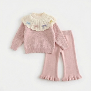 Set Maglione <span class=keywords><strong>per</strong></span> Bambini, Cardigan Lavorato a Trecce con Colletto in Pizzo, Fiocco e Bottoni con Perle, Abbigliamento Boutique Autunno Inverno <span class=keywords><strong>per</strong></span> Bambine - Product Image 3