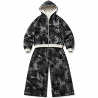 Set Hoodie 2 Potong, Hoodie Zip Up, Celana Kaki Lebar, Abu-abu Hitam Kontras, Rib, Oversized Boxy Fit, Setelan Olahraga untuk Pria