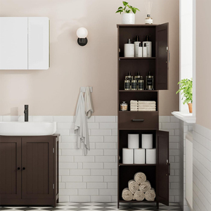 Meuble de rangement de salle de bain moderne et haut avec portes coulissantes, armoire à linge autoportante avec tiroirs et compartiments ouverts, écologique pour petits espaces - Product Image 4