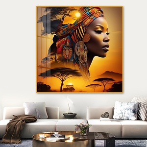 <span class=keywords><strong>Silueta</strong></span> de <span class=keywords><strong>Mujer</strong></span> Africana en Porcelana de Cristal, Arte de Pared - <span class=keywords><strong>Cuadro</strong></span> Cuadrado de 50x50cm con Puesta de Sol Africana para Sala de Estar - Product Image 1