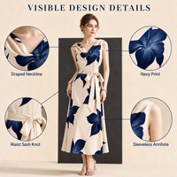 Robe sans manches personnalisée en crème avec imprimé floral marine |   Ceinture de taille |   Développement de vêtements en marque blanche OEM/ODM