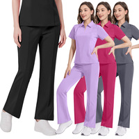 Setelan Scrub Kerah Polo Warna Solid Celana Sedikit Melebar Unisex Pakaian Kerja Dokter/Perawat Dua Potong Poliester Dobby Custom OEM Baru
