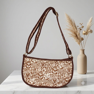 Small Hand Block Printed <b>Quilted</b> Cotton Flap Bag with Magnet Button Closure and Long Handle 12x10 Inch - Product Image 3