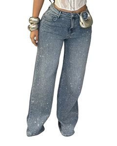 Jeans da Donna a Vita Media e Gamba Dritta, Vestibilità Comoda, Completamente Decorati con Strass, Stile Street Casual, <span class=keywords><strong>Pantaloni</strong></span> Lunghi in Denim Personalizzabili - Product Image 4