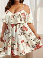 Robe d'été élégante et romantique à fleurs roses pour femmes, épaules dénudées, manches bouffantes, robe courte style A, plage, fête, grande taille