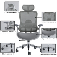 Chaise de bureau ergonomique contemporaine pour cadre, dossier haut en maille grise avec accoudoirs réglables, hauteur réglable et soutien lombaire
