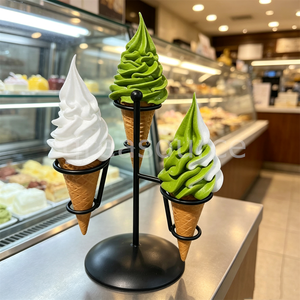 Présentoir en métal noir à 3 trous pour 3 cornets de gaufres artificiels de 17 cm, effet matcha, pour desserts et modèles de présentation en café - Product Image 5