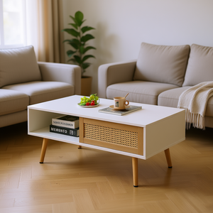 Tavolino da Salotto Moderno Bianco Naturale 105 cm con Anta Scorrevole, Gambe in Legno Massello e Design in Rattan - Product Image 2