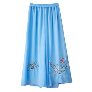 Sky Blue Wide Leg <b>Chiffon</b> Pants With Embroidery Casual Women's <b>Trousers</b> Spring Summer Style - Product Image 5