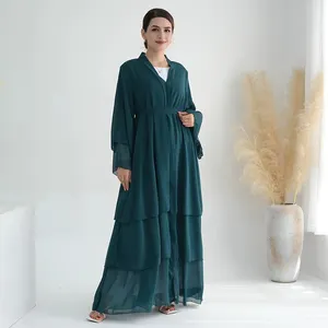 2024 New Big Hem Dubai Elegant Kimono Abaya Women Muslim Dress 3 Layers Chiffon Open Abaya Turkey Islamic Clothing