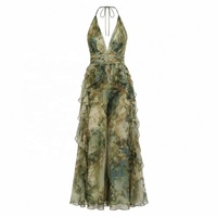 Robe longue vintage tie-dye sur mesure 2026 pour femme, style plage, avec bretelles halter et bords volantés, idéale pour l'été