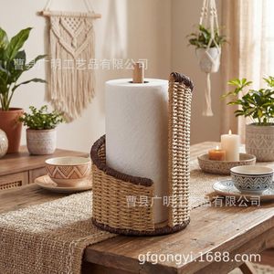 Woven Rattan <b>Paper</b> Holder Circular Eco-Friendly <b>Kitchen</b> Storage Rack - Product Image 2