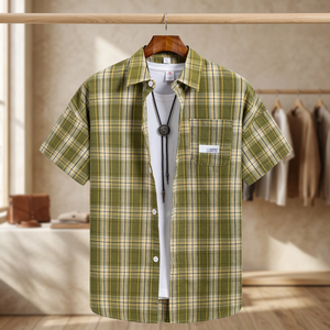 Chemises décontractées coréennes ajustées à boutonnage simple pour hommes, à carreaux, à manches courtes, respirantes, écologiques, séchage rapide, teintes en fil, pour l'été - Product Image 3