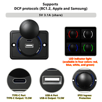 Cargador de Coche Personalizado de 5V3.1A con 2 Puertos USB-A, Cubierta Impermeable IP55 con Tapa Deslizante, Luces LED, Toma de Corriente para Coche de 12V 24V