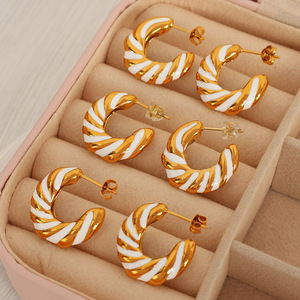 Hoop Earrings Gold White Geometric Design Women's Everyday Wear <b>Titanium</b> Steel EH342 - Product Image 1