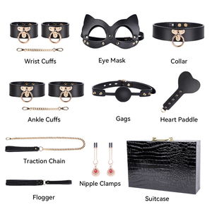BANSEY Masque œil de chat, Menottes en cuir, Liens de cheville, Pinces à tétons, Fouet, Équipement de discipline soumise pour chambre à coucher - Product Image 5