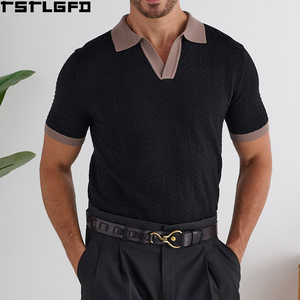 Polo de punto calado con corte y costura para hombre, color crema taupe, cuello en contraste, estilo Old Money. Fabricantes de polos para hombre al por mayor. - Product Image 2