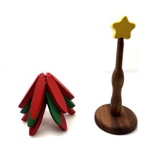 Beech Wood <b>Christmas</b> <b>Tree</b> Coasters Red Green Star Top Heat Protection Mats For Kitchen <b>Table</b> Decor 2024 - Product Image 2