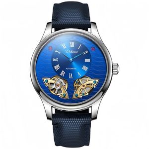Dulunwe 6068 Orologio Meccanico Scheletrato di Lusso da Uomo con Doppio Tourbillon Volante, Movimento Seagull, Cinturino in Pelle Nera, Quadrante in Vetro - Product Image 6