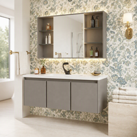 WJL 110CM Meuble-lavabo mural moderne en céramique pour hôtel, facile à nettoyer, résistant à l'humidité, avec miroir éclairé et armoire de toilette intégrée