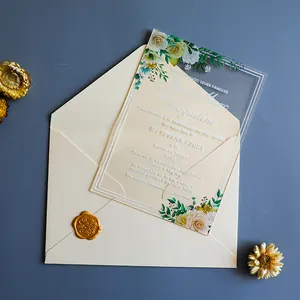 Carte d'invitation personnalisée de luxe en acrylique transparent imprimé UV pour fête prénatale nuptiale d'anniversaire et mariage avec enveloppe autocollant en cire