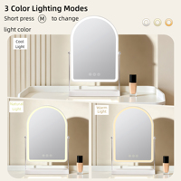 Miroir de maquillage LED moderne en forme d'arche avec base de rangement, réflexion HD, commande tactile directe, luminosité réglable, fabrication OEM ODM
