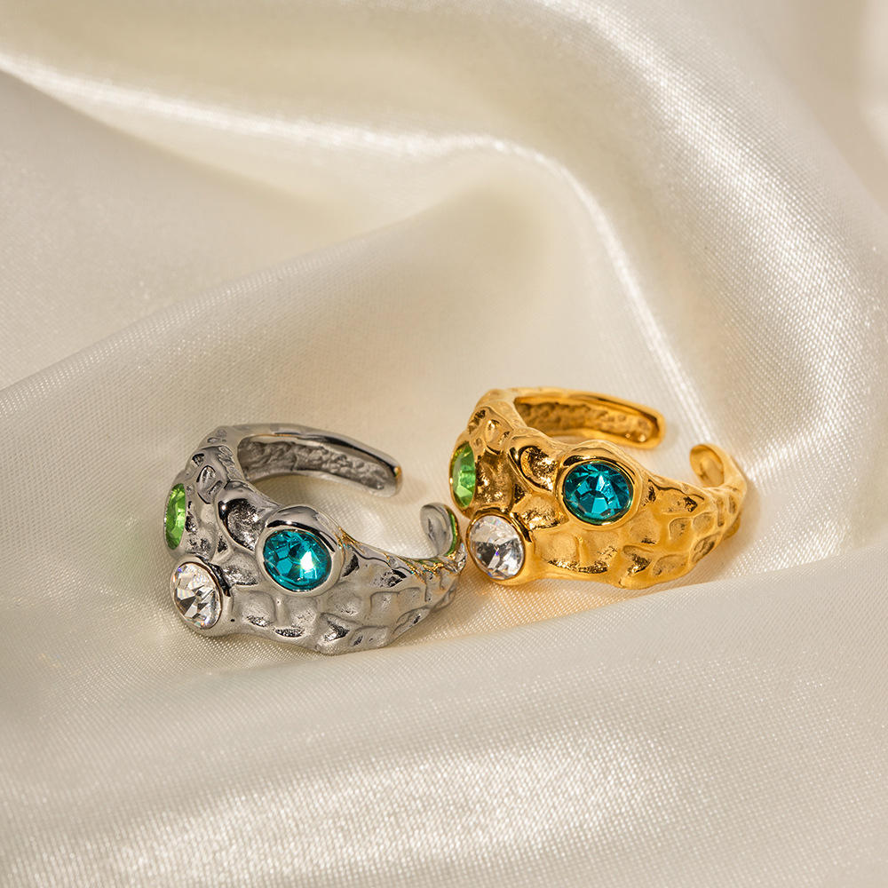 Bijoux en acier inoxydable, gros dôme réglable, bague en pierre colorée  martelée, bague en or et argent pour femme