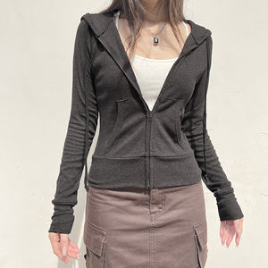 Solid Color <b>Zip</b> <b>Up</b> Hoodie Slim Fit Long Sleeve <b>Jacket</b> for <b>Women</b> Casual Pullover Style Top - Product Image 6