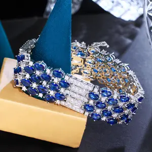 Glamorous Chunky Oval Round Cut Royal Blue Cubic Zirconia Crystal Big Luxury Bracelets for Women Wedding Event