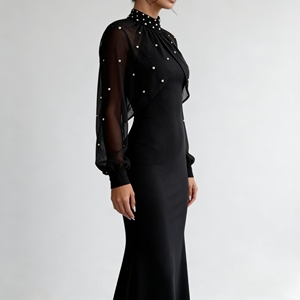 Vestido Largo de Noche Elegante para Mujer, Personalizado, Negro, con Perlas, Cuello Alto, Manga Farol, Estilo Sirena, para Fiesta Formal - Product Image 2