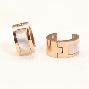 Rose Gold Huggie Earrings 7mm Shell Inlaid Geometric Design For Women Party Jewelry Stainless Steel <b>Post</b> - Product Image 3