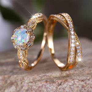 Trắng Opal Vòng đá thiết lập sang trọng pha lê trắng Zircon đôi nhẫn cho phụ nữ hợp thời trang màu vàng Bridal Wedding Bộ đồ trang sức - Product Image 5