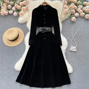 Stand Collar Long Sleeve Belt Waist Big Swing Black Velvet Midi Dress Vintage Midi Brand New Evening Muslim Button Up Dress