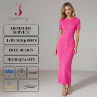 Robe midi élégante Joydressing rose vif en maille côtelée, moulante et sexy, avec boutons perlés, manches courtes, pour soirées, vente en gros, personnalisable