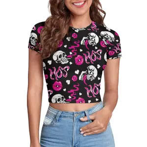 Thiết Kế Mới Màu Đen Màu Hồng Y2K Skull In Của Phụ Nữ Mỏng Polyester Workout Crop Tops Ngắn Tay Áo Yoga Áo Sơ Mi Giản Dị Thể Thao T-Shirts