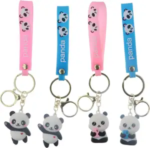 Schoolbag Key Rings with Doll Pendant PVC Rubber Cartoon Lovely Sport Panda Design with Wristband Key Chain Girls Bag Decoration
