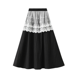 Da donna in pizzo coreano lungo a-line bianco nero sottile a vita alta All-match per il tempo libero Chic gonne da donna fresche dolci - Product Image 5