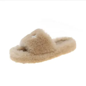 Nueva versión coreana de invierno con fondo grueso esponjoso perezoso una palabra fregona zapatillas de algodón de felpa cálidas para el hogar