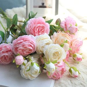 Vente en gros de fleurs artificielles en soie à 3 têtes, roses et pivoines, bouquet de fausses roses pour la décoration de mariage et de la maison - Product Image 2