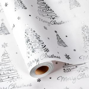 <b>White</b> Christmas Wrapping Paper Roll 17in x 32.8ft Silver Foil Embossed Trees And Letters Gift <b>Wrap</b> For Holiday Celebration - Product Image 1